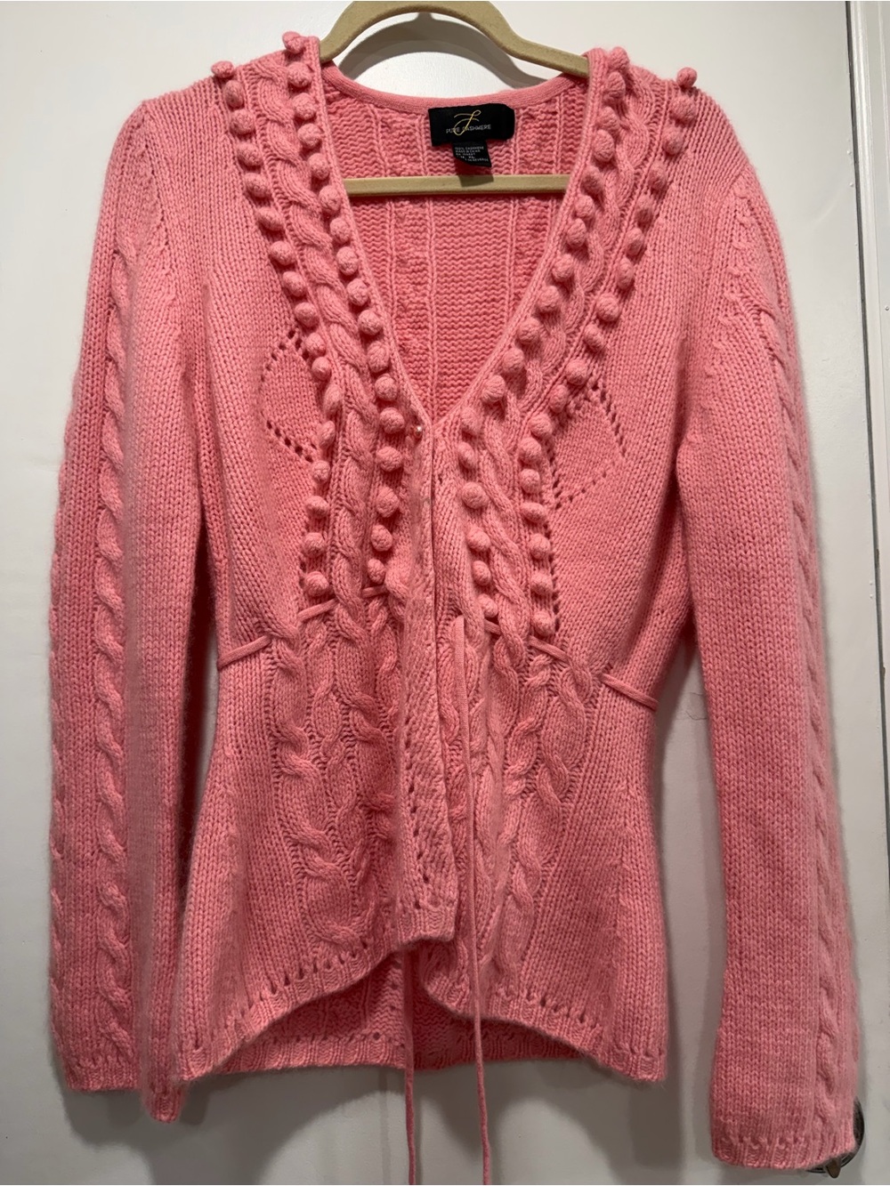 Feminine Pink Cashmere Cable-Knit V-Neck Sweater Cardigan